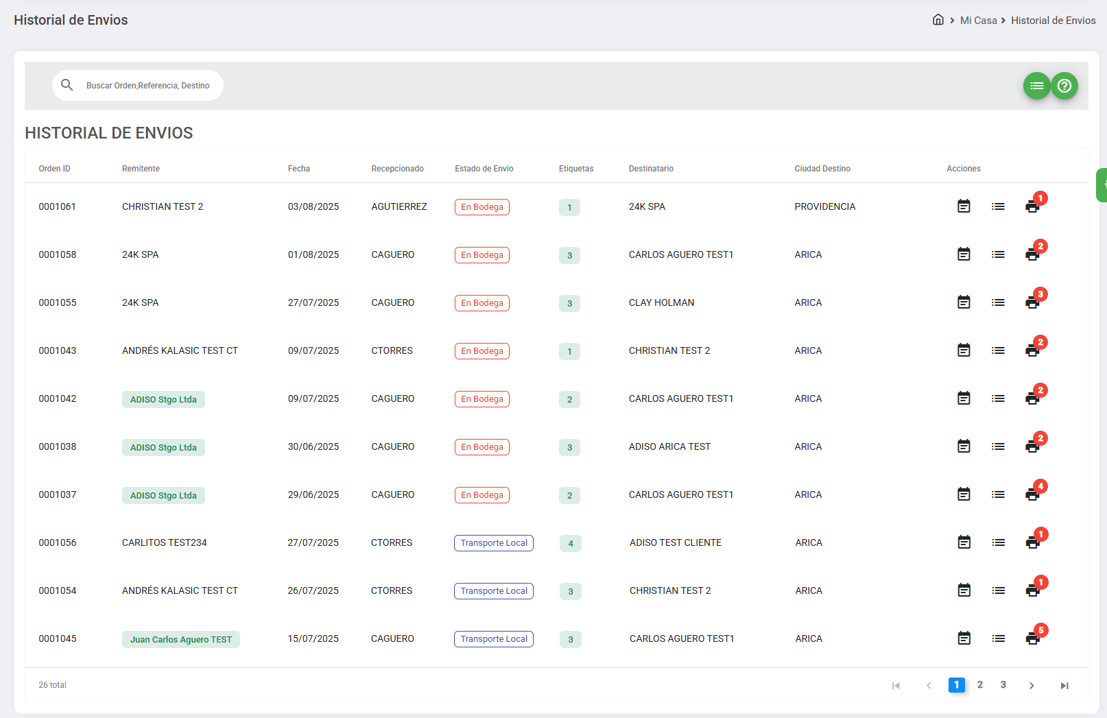 Tablero Historial de Envios