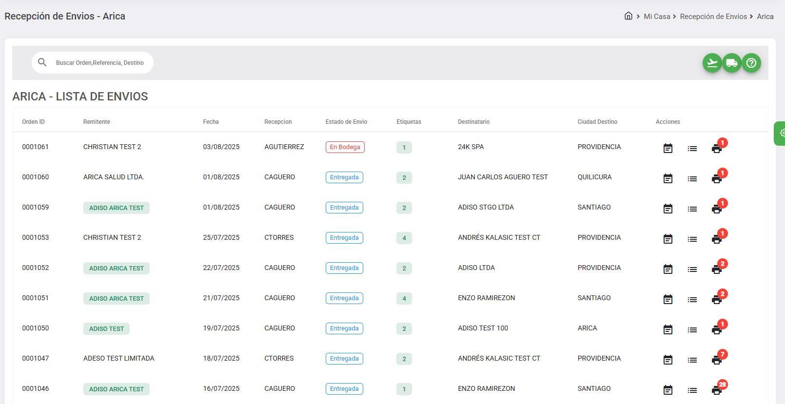 Tablero Recepción Envíos Arica
