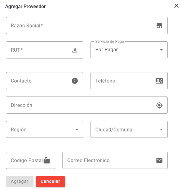 Tablero Proveedores Agregar